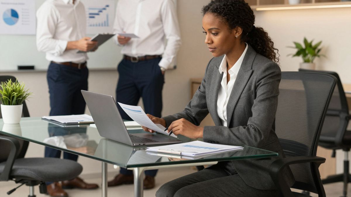 Accountants reviewing reports together in the office